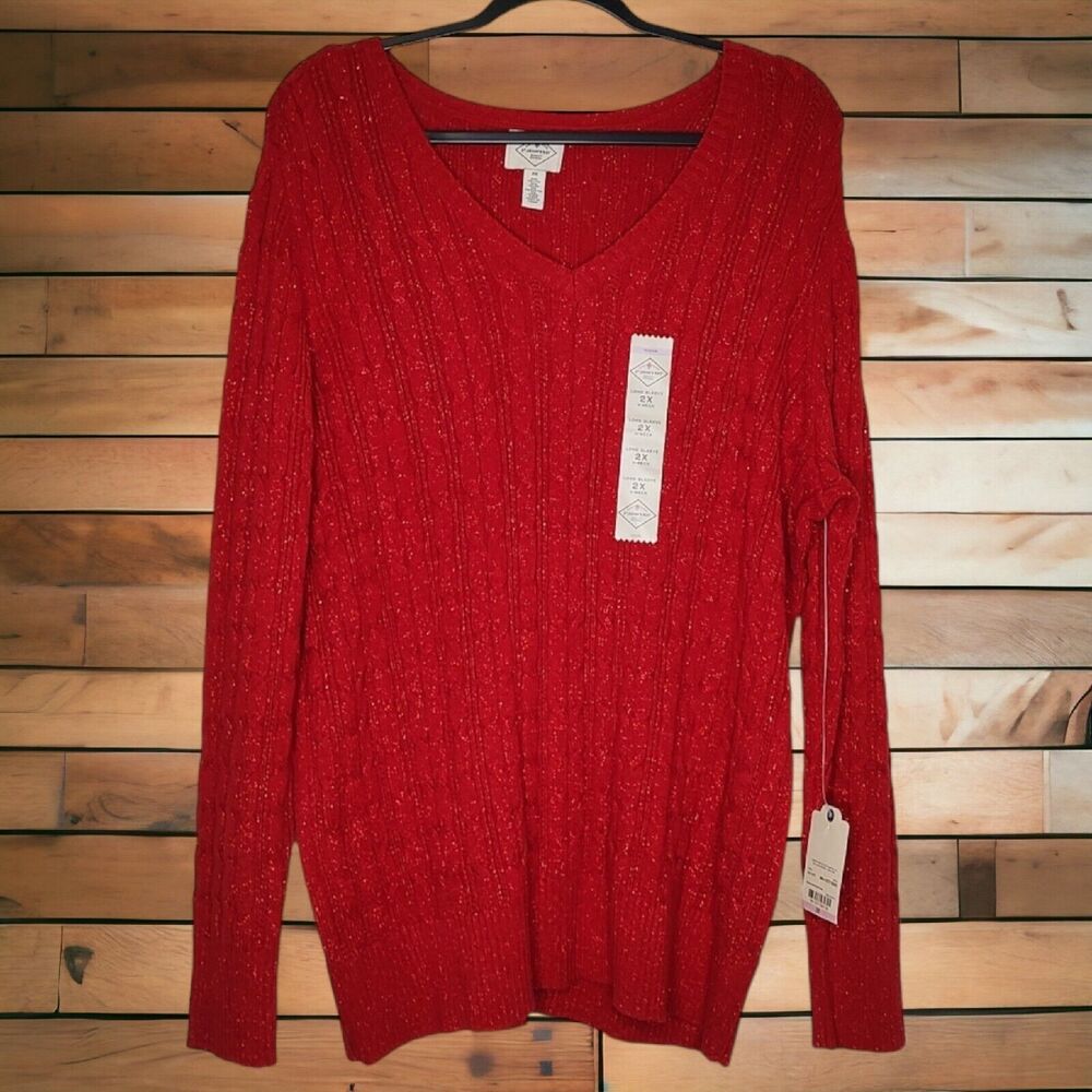 NEW St. John's Bay Ladies Size 2X Sweater Rumba Red V-Neck Cable Knit Pullover